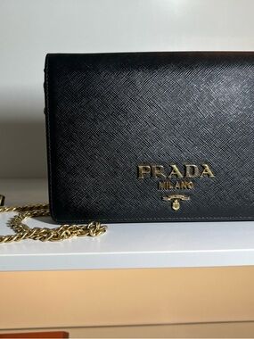 Prada Black Saffiano Leather Chain Crossbody with Gold Hardware